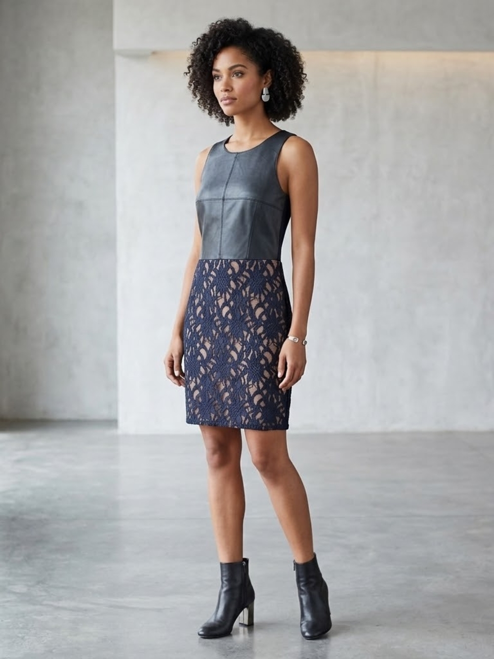 Sleeveless Black Lace & Faux-Leather Sheath Dress